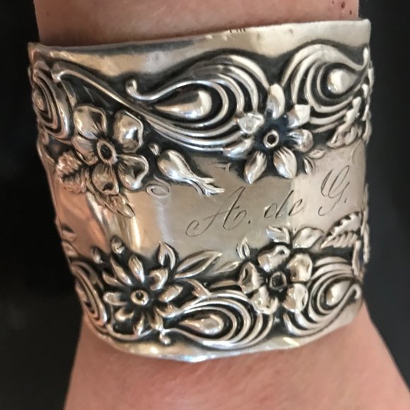 Floral Sterling Silver 925 Cuff Bracelet Antique Art Nouveau Spoon Ring Flowers - Picture 8 of 8